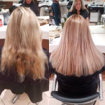 Before and after blonde hair colour refinement by Hair Magic, smoothing uneven tones into a soft natural blonde finish