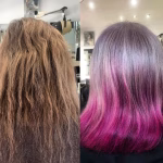 Before and after creative hair colour transformation by Hair Magic, converting dull natural hair into silver and vibrant pink tones
