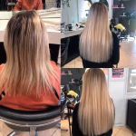 Multi-stage hair extensions transformation for a Marbella client, adding length and density to blonde hair with a smooth, straight blended finish