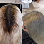 Before and after blonde hair colour correction by Hair Magic in Marbella, neutralising brassy roots and blending to a clean, even blonde finish