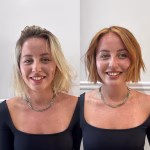 Front view before-and-after hair colour transformation showing a blonde bob refreshed into a warm copper tone with a soft, natural finish at Hair Magic, Marbella